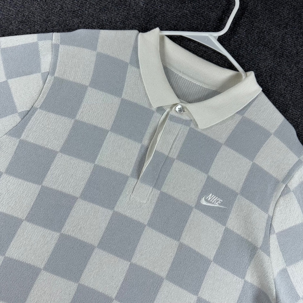 Nike Polo Shirt Mens L Large Grey White Checkerboard Knit FN3422-133